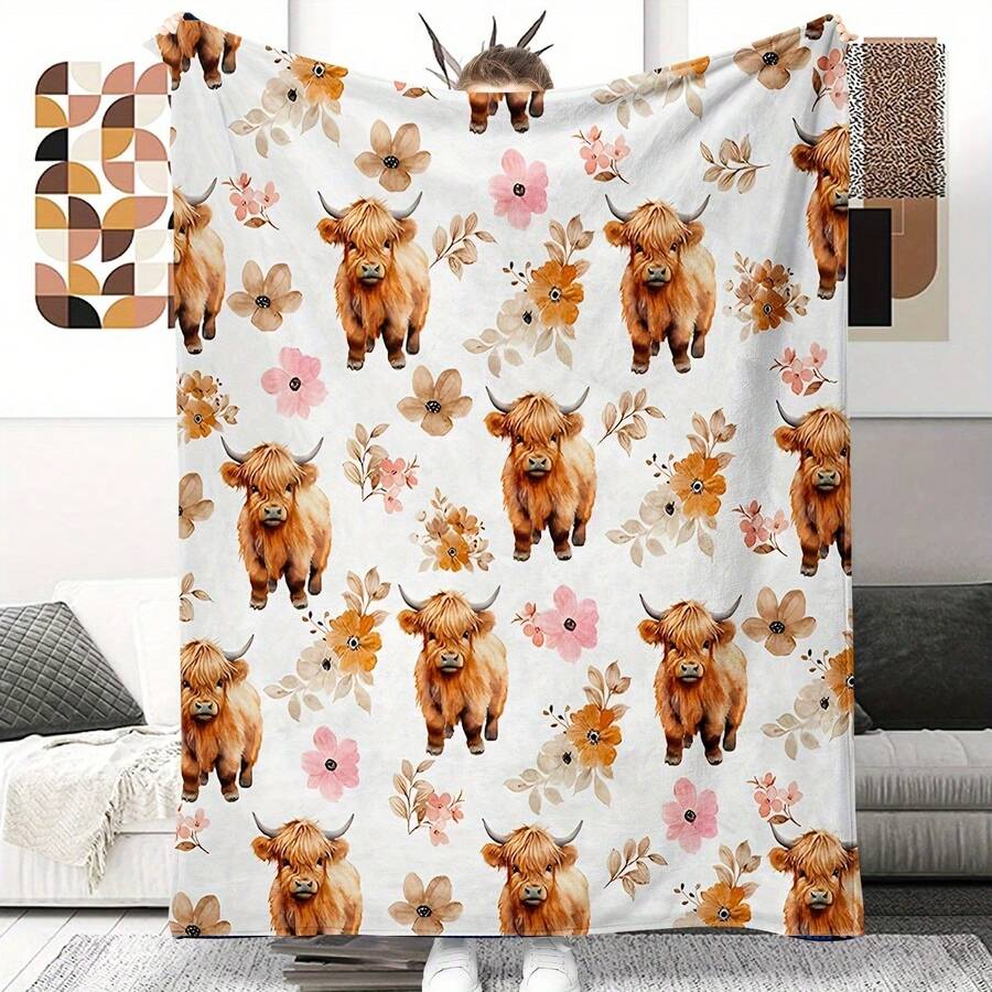 Cozy Floral Highland Cow Print Flannel Throw Blanket - Soft, Warm & Versatile For , Adds A Modern Touch To Your Home, Creating A Comfortable Bedroom Style. Suitable For All Seasons, Polyester, Washable, Machine Washable, Lightweight, Breathable, Comfortable, Warm, Unique,280gsm, Suitable For Him And Her, Suitable For Napping, Camping, Traveling, Family, Daily Life Office Decoration, Birthday Anniversaries, Valentine's Day, Thanksgiving, Christmas, Halloween, Mother's Day, Father's Day, Weddings, New Year Gifts For Her, Him, Family, Boyfriend, Girlfriend Father, Family Member, Mother, Lover, Daughter, Son, Grandfather, Grandmother, Friend, Classmate And Pet. Sofa,Bed,Car,Bedroom,Living Room,Office, Outdoor Camping, Beach,Wall Decoration Ships From USA - 多色2 - 查看 1