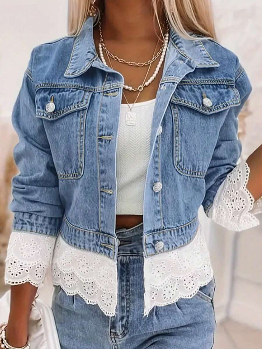 Plus Size Women's Fashion Lace Trim Cropped Denim Jacket, Patchwork Lace Casual Denim Top. - 藍色 - 查看 1