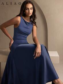 ALIAO Spring/Summer Washed Blue Patchwork A-Line Sleeveless Dress Old Money Palace Style For Dating, Vacation And Daily Wear - Dark Wash - View 6
