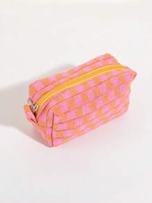 1 件格纹铅笔盒，返校，学校用品，铅笔袋，书包 - 棕色 - 查看 26