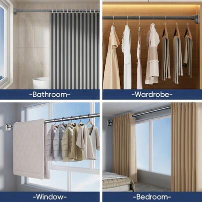 1 件黑色方头不锈钢伸缩杆，无需钻孔，不锈钢家用窗帘杆，卧室衣柜晾衣杆，多功能阳台晾衣杆，伸缩浴室浴袍毛巾杆，家用窗帘杆，浴室伸缩毛巾挂杆。浴室装饰