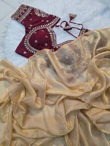 Golden Silk Saree With Readymade Blouse Free UK NEXT DAY - Multicolor - View 2