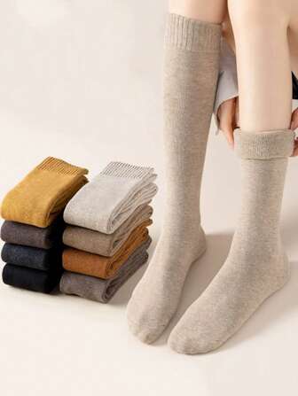 冬季保暖长袜 女式加厚保暖过膝袜 透气纯色原宿风休闲加厚毛圈袜，Y2k风格，舒适