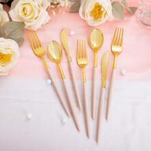 ‌90-Piece Gold-Plated Plastic Cutlery Set – Elegant Pink-Handled Partyware For Events & Gatherings - Pink Gold - View 3