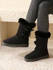 Outdoor Winterstiefel in Große Größen mit Schleife, thermisch gefüttert, knöchelhoch, für Damen, geeignet für Outdoor, Straße, Zuhause - Schwarz - Übersicht 4