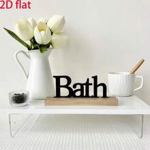 1pc Minimalist Wooden "Bath" Decor Ornament - Black 3D Font, Paired With Wooden Base, Suitable For Bathroom, Vanity Decor, For Those Pursuing Refined Living And Bathroom Space Decoration - BATH - View 1