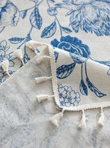 1 件蓝色花卉流苏桌布，复古风格，带流苏，涤纶纤维材质，可水洗，适用于床头柜、餐桌、咖啡桌、沙发套、农舍家居、家庭用餐、厨房、晚餐、派对、感恩节、秋季装饰、四季装饰 - 藍色 - 查看 23