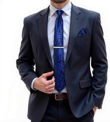 Silk Floral Necktie Set With Tie Clip, Handkerchief & Cufflinks - Royal Blue Floral - View 2