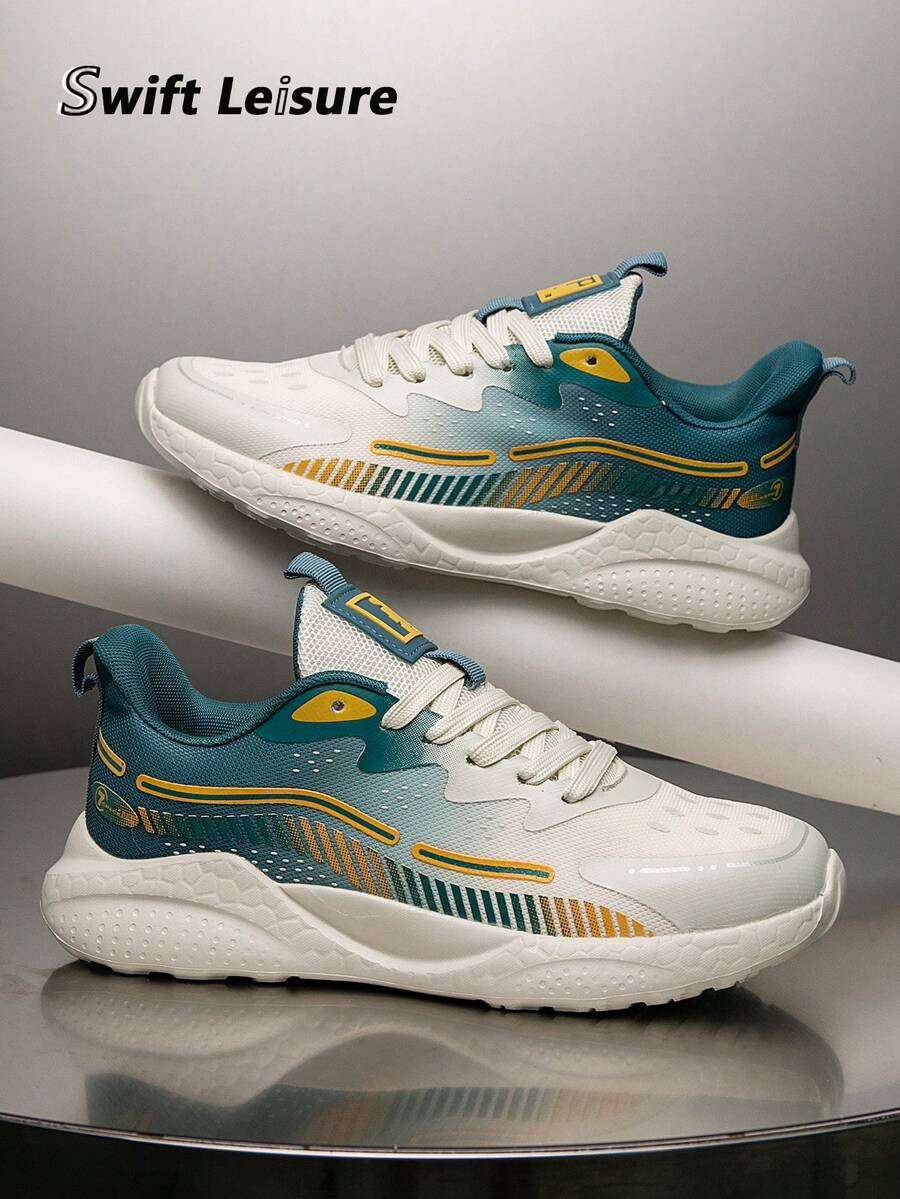 男士时尚经典黑白系带舒适运动鞋，时尚撞色拼接网眼休闲跑步鞋