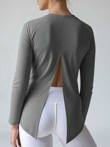 Women's Solid Color Round Neck Raglan Sleeve Open Hem Sports T-Shirt - Dark Grey - View 4