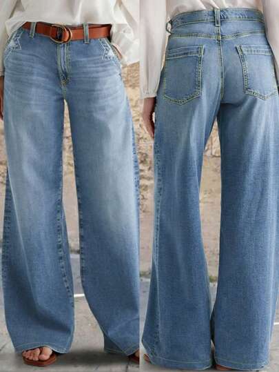 Pantalones vaqueros rectos de dama de alta calle con temperamento elegante y sencillo de talle alto; unicolor lavado, diseño de bordado de bolsillo