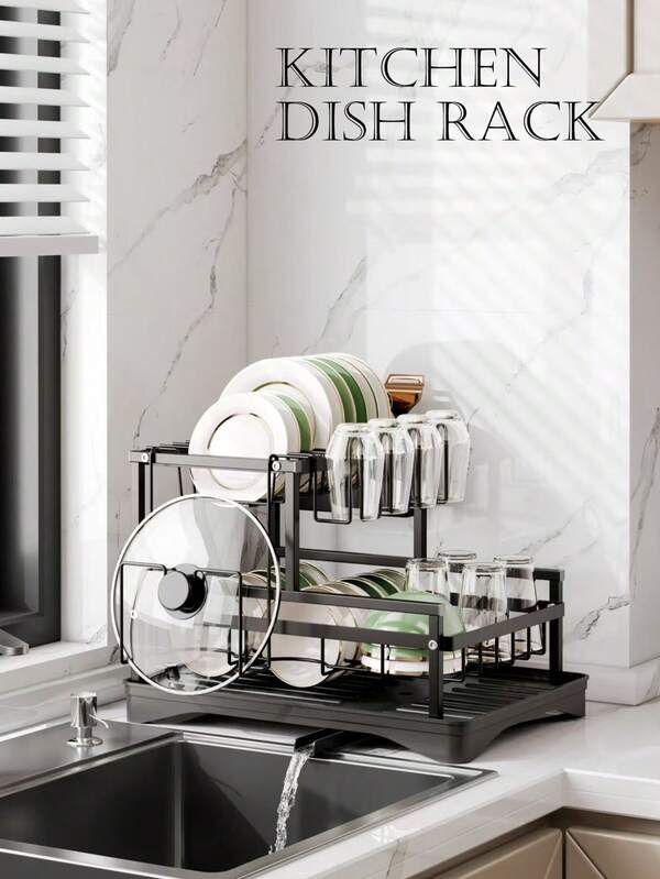 2 Layer Dish Drying Rack With Drain Board Set - Large Metal Dish Rack With Drain, Glass Holder, Cutlery Holder And Additional Drain System - Kitchen Accessories For Efficient Dish Drying And Organization