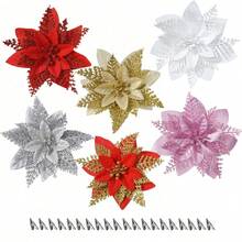 10/20pcs Shiny White Artificial Christmas Tree Decorative Flowers (With Clips), Christmas Tree Decorations, Wedding Decor, Holiday Party, Wall Decor Flowers, Golden Pine Leaves, Poinsettia, Gold/Red/Silver, 5.9 Inch, Clip-On (White) - White - View 5