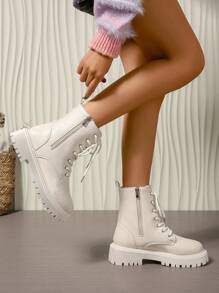 2025秋冬新款女鞋保暖女靴时尚百搭休闲女鞋真皮踝靴平底短靴系带侧拉链女靴经典款靴子