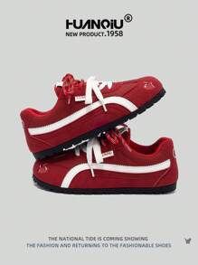 HUANQIU 2025新款女鞋女滑板鞋一双百搭时尚透气系带居家办公户外小白鞋百搭轻便舒适小白鞋系带软底运动鞋休闲鞋跑步鞋圣诞苹果红四季鞋 - 紅色 - 查看 2