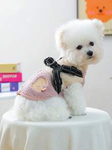 PETCIRCLE 1件宠物衣服，狗狗/猫咪服装，小型犬/幼犬套装，可爱宠物衣服，狗狗衣服，小型犬秋冬保暖舒适抓绒拼接背带背心 - 粉色和白色 - 彩色 - 查看 3