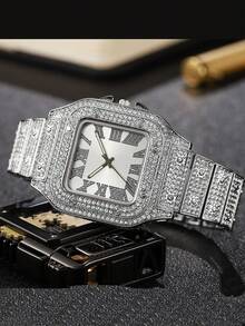 2 件/套时尚奢华极简主义小众高端水钻镶嵌方形表盘罗马数字刻度钢表带男表 + 手链套装，适合日常搭配、生日、女性礼物、周年纪念、年终促销、光棍节、万圣节促销等节日礼物，无礼盒 - 彩色 - 查看 4