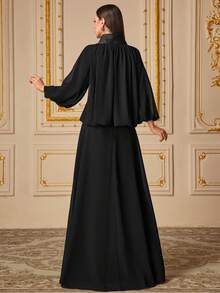 UNITHORSE UNITHORSE Women's Stand Collar Lantern Sleeve Appliques Slim-Fitting Reversible Chiffon Evening Dress