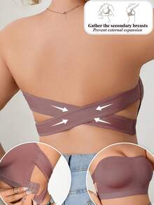 1 件大码女士舒适简约休闲无缝运动文胸 - 无钢圈针织面料 - 棕色 - 查看 2