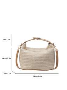 Mini Simple Handbag With Lock Detail, Woven Grass Braided Tote Bag, Versatile Contrast Color Small Handbag For Women, Shoulder Messenger Bag For Beach Or Daily Use