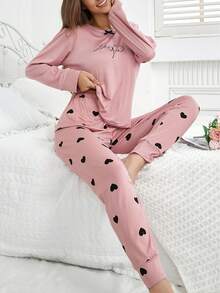 Women's Heart Pattern Long Sleeve Top & Pants Casual Pajama Set, Suitable For Spring And Autumn, Fall Winter Clothes - Multicolor - View 5