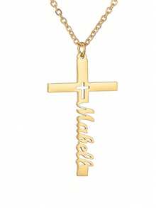 1 pieza Collar personalizado con nombre, collar con colgante de cruz de acero inoxidable, accesorio de regalo personalizado para cumpleaños, incluye caja de regalo, adecuado para el Día de San Valentín, cumpleaños, Día de la Madre, uso diario, disponible en plata, oro, oro rosa, de moda, otoño, casual, minimalista, unisex