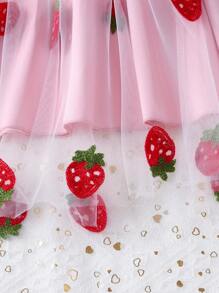Young Girls' Casual Fashion Mesh Puff Sleeve Cute Strawberry Print Dress, Spring/Summer