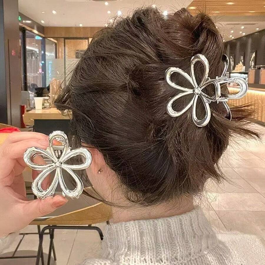 Silver/Gold Metal Flower Hair Clip Cute Sweet Girls Accessories - Bạc - Xem 1