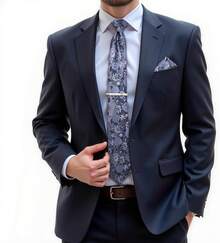 Silk Floral Necktie Set With Tie Clip, Handkerchief & Cufflinks - Silver and Sky Blue - View 3