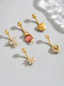 5pcs Stainless Steel Bent Rod Belly Button Rings Set With Sparkly Rhinestone Butterfly Heart Sun Fox Flower Combination Shape Women Belly Chain Pendant Piercing Jewelry Foraily Wear Valentines, Fashion Cubic Zirconia Decor, Belly Button Piercing