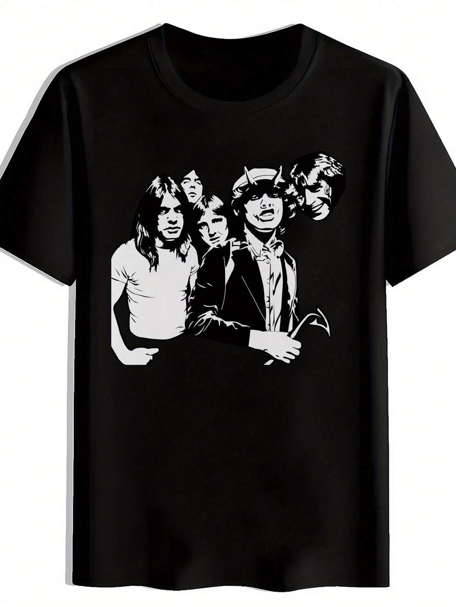 Men's Vintage Heavy Metal Band T-Shirt - Retro Rock Graphic Print Round Neck T-Shirt - Concert Merch Style Hard Rock Fans - Birthday/Festival/Vacation Clothing - Washable Black T-Shirt, Festival Clothing Fabric - Black - View 1