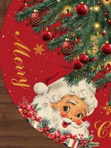1pc Christmas Tree Skirt, Red Santa Claus Background With Snowflake Pattern, Gold Christmas Tree Skirt Decoration, Home Holiday Decor Round Tree Skirt - Multicolor - View 3