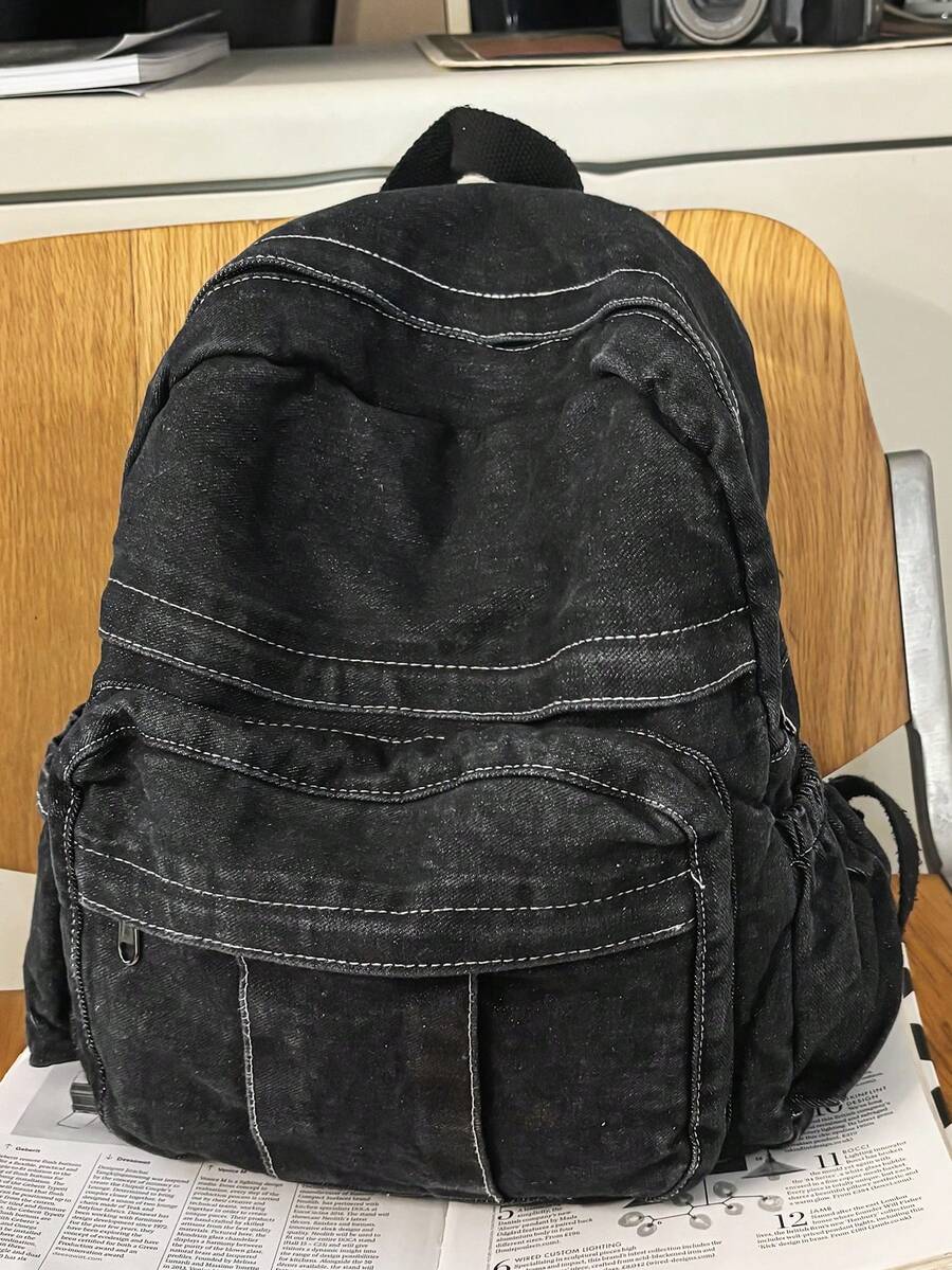 女士复古星形贴片装饰渐变牛仔布背包，Y2K 风格大容量户外旅行背包，轻便商务通勤工作笔记本电脑背包，适合高中生和大学生的校园返校书包 - 黑色 - 查看 1