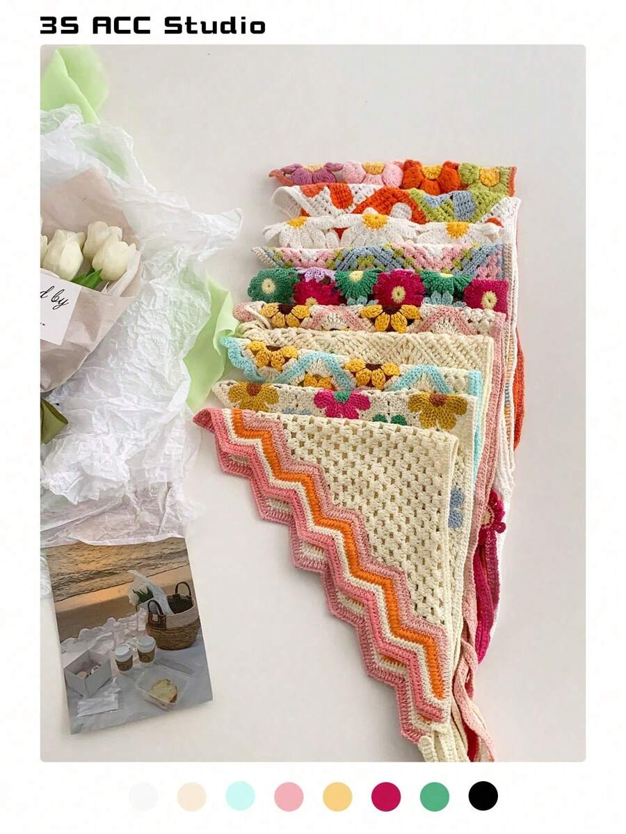 1 Stück Damen Sommer Strandschal, Boho-Stil gestrickter dreieckiger Kopfwickel, handgefertigter gehäkelter Stirnband, ländlicher Stil Kopfwickel Bandana Haartuch