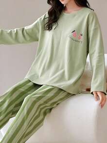 AICJ 2pcs Women Casual Strawberry Print Long Sleeve Top And Pants Lounge Set, Suitable For Spring, Summer, Autumn, Fall Winter Clothes, Cozy Outfit