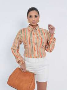 Women's Orange Striped Long Sleeve Shirt With Collar And Buttons, Elegant For Casual Or Work Look