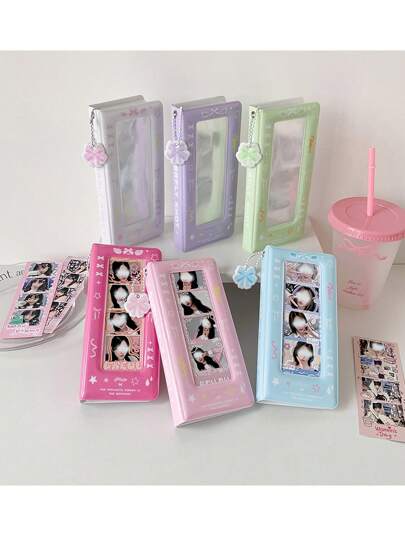 Ins Korean Hollow Life Four Grid Card Book Bow Tie Sky Long Strip Big Head Sticker Storage Book Commemorative Book Student Idol PVC 4 Grid Album,For School Supplies,Back To School