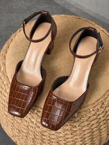 1 双女士方头基本款纯色搭扣高跟鞋，性感 7 厘米粗跟办公室女士正装鞋 - 咖啡棕 - 查看 3