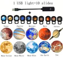 10 piezas Diapositivas de proyección de planetas, Proyector de luz nocturna con luces de estrellas y luna alimentado por USB, Lámpara decorativa giratoria 360° para dormitorio, habitación de bebé, fondo de fotos, propuesta romántica, boda, camping, Navidad, regalo ideal para adolescentes, niñas, niños