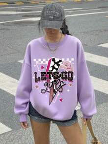 Girls' Casual Patterned Long Sleeve Crew Neck Thickened Sweatshirt, Suitable For Autumn/Winter Wear - Purple - View 7