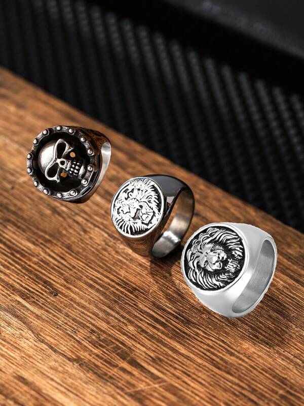 1pc Fashion Fine Man Jewelry Lion Ring, Stainless Steel Skull Head Silver Man Ring Anniversary Party Birthday Gift For Boyfriend Husband