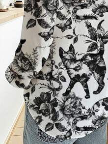 قميص أنثوي أنيق بطبعات زهور وقطط، أحادي الصدر وأكمام طويلة