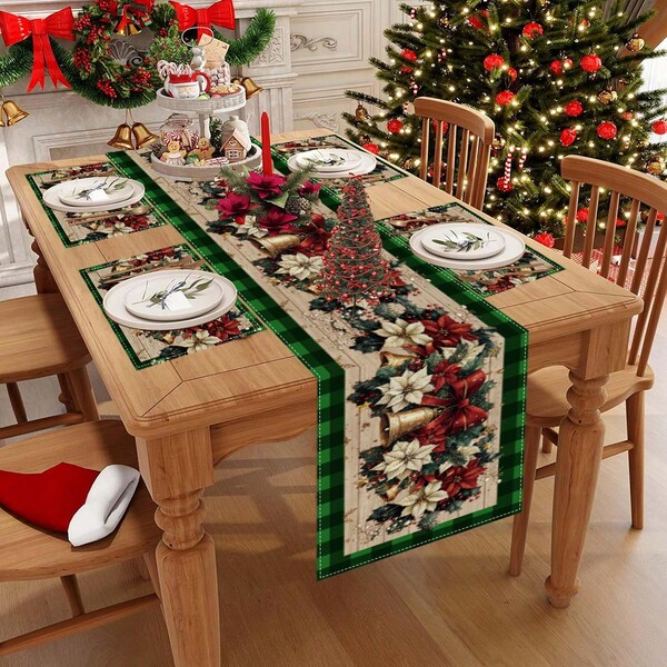 1/4/5/270pcs Christmas Table Runner & Placemats Set - Christmas Vine, Bell, Plaid Pattern Digital Printing Linen Table Runner & Placemats Decor Set, Suitable For Christmas Family Gathering, Restaurant, Home Kitchen Living Room Table Decor, Ideal Christmas Gift