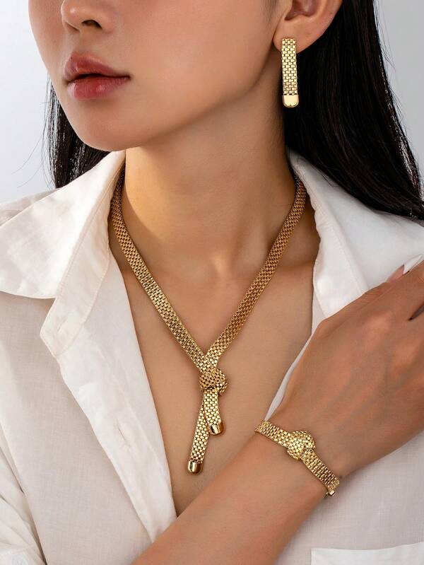 4 Stücke/Set 18K vergoldetes minimalistisches Cut Out breites Halskette, Armband, Ohrring Schmuckset, luxuriöses vielseitiges Damen Accessoire