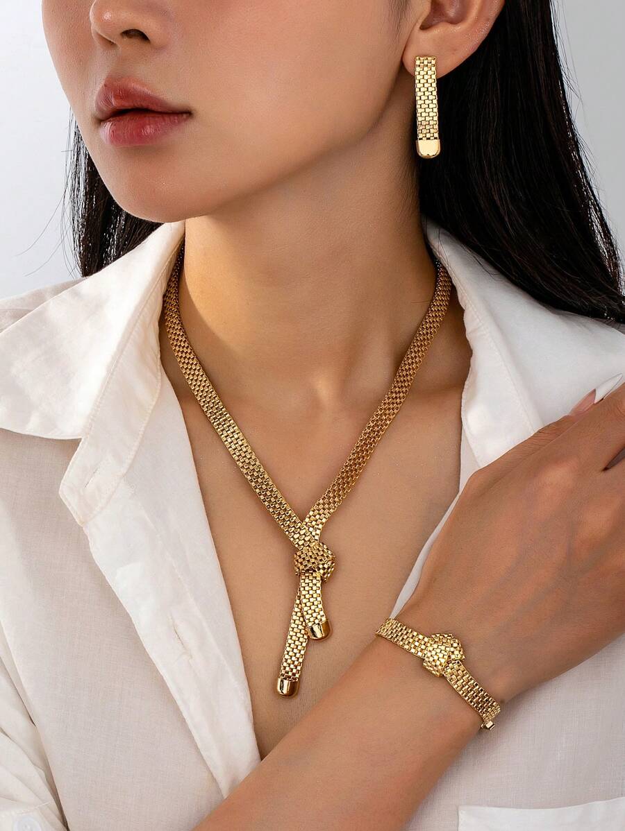 4pcs/Set 18K Gold Plated Minimal Hollow Wide Necklace, Bracelet, Earring Jewelry Set, Luxury Versatile Women Accessory