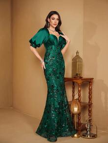 【随机印花】UNITHORSE 女士 V 领灯笼袖亮片拼接缎面修身优雅晚礼服 - 墨綠色 - 查看 7