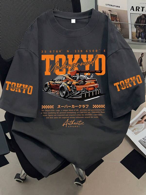 Teen Boys Tokyo Print Graphic Tee, Short Sleeve Car Print, Racing Vibe, Urban Style