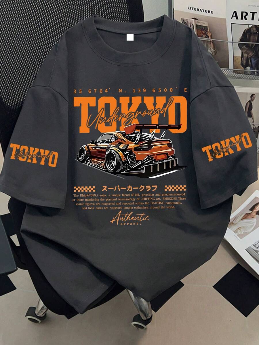 Teenager Jungen Tokyo Muster Grafik T-Shirt, Kurzarm Auto Muster, Rennstimmung, Urbaner Stil