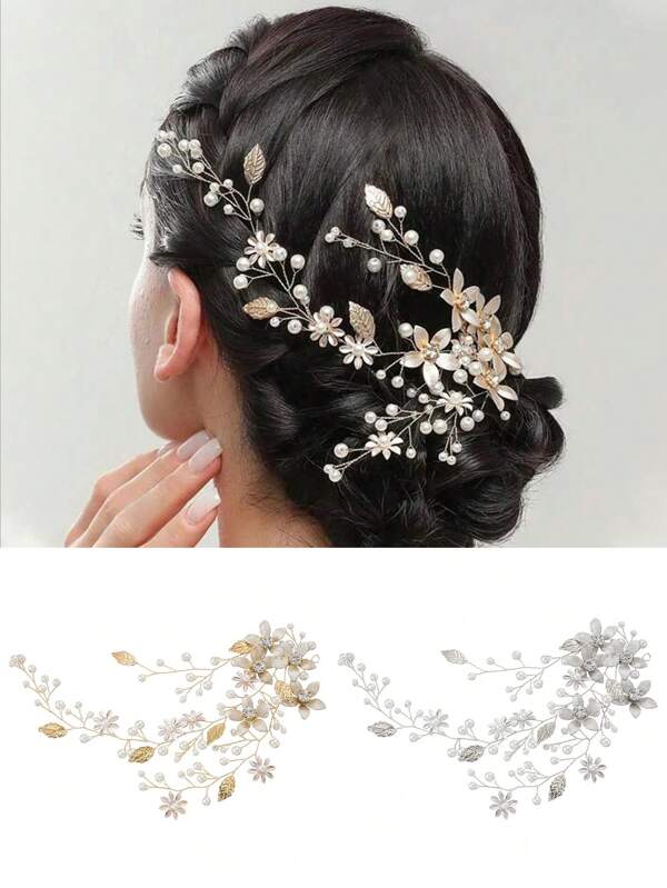 1 pieza Diadema vintage con flor y perla, accesorio para el cabello de hoja de aleación, tocado nupcial para vestido de novia