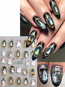 2pcs Frame Ghost 5D Nail Art Stickers Funny Ghost Gold Frame Embossed Nail Pattern Halloween Nails Cute Nail Art Decoration Self-Adhesive Nail Stickers DIY